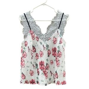 Endless Rose White Floral Lace Trim V Neck Sleeveless Sequined Tank Top Sz M Y2K
